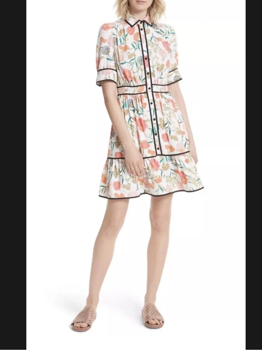 Kate Spade Picnic Perfect Blossom Womens Size 10 Tiered Ruffle Sleeve Shirtdress